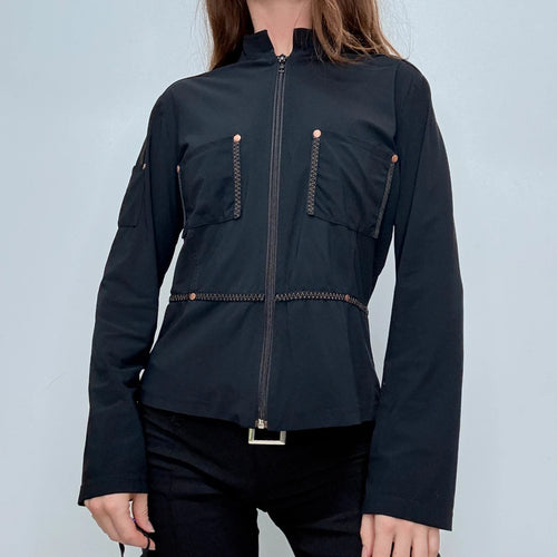 black fitted flared zip shirt