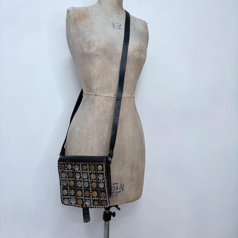 black leather studded coin bag