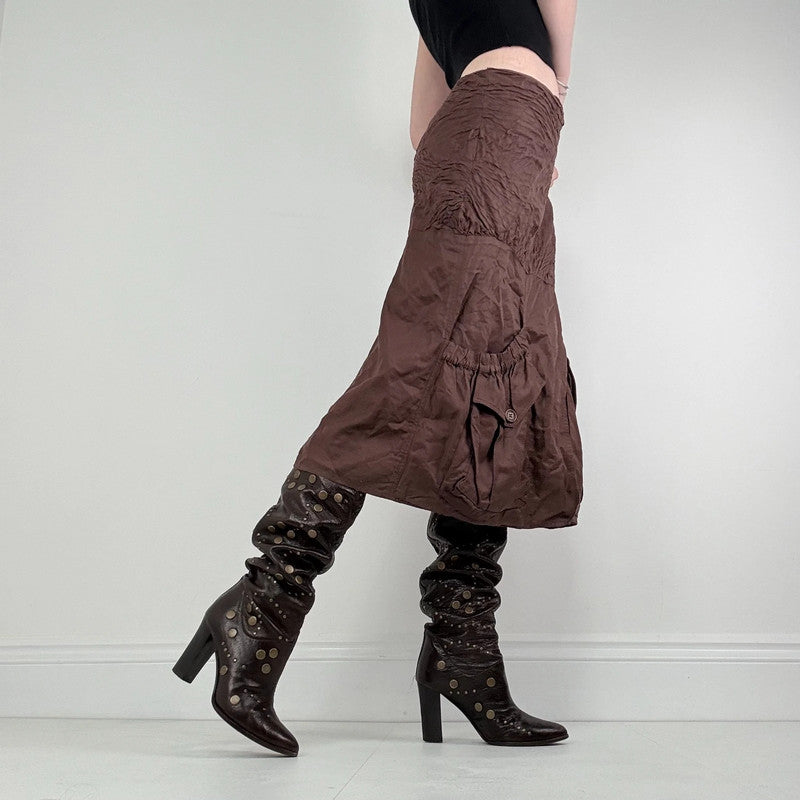 brown crinkle pleated puff skirt