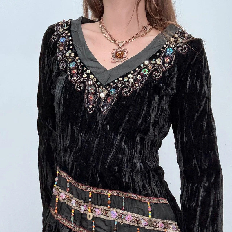 black crinkle velvet boho flare top