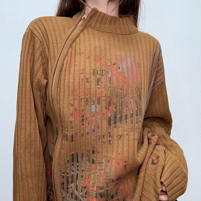 tan ribbed flared asymmetric-zip jumper