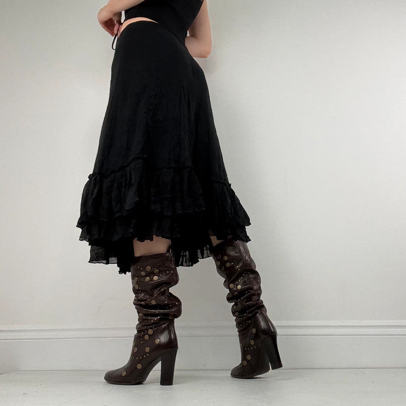 black crinkle pleated ruffle midi skirt