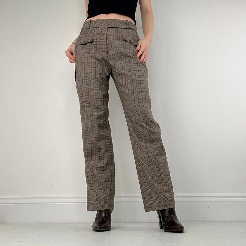 brown tartan checked wide leg suit pants