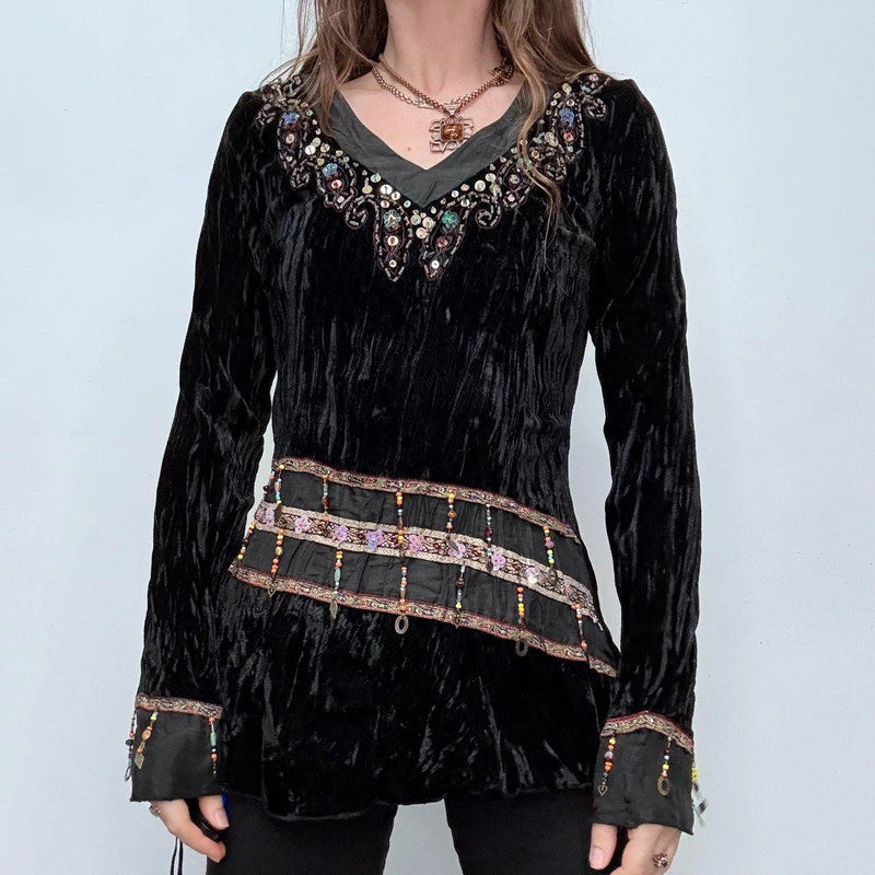 black crinkle velvet boho flare top