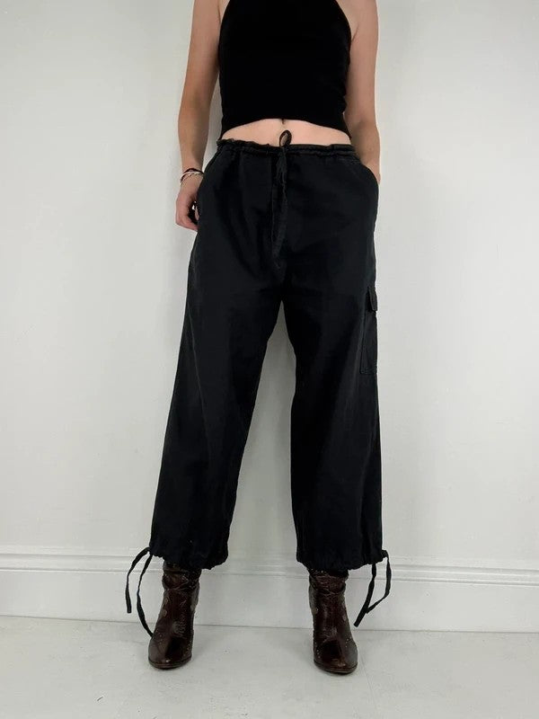 navy drawstring linen low rise trousers