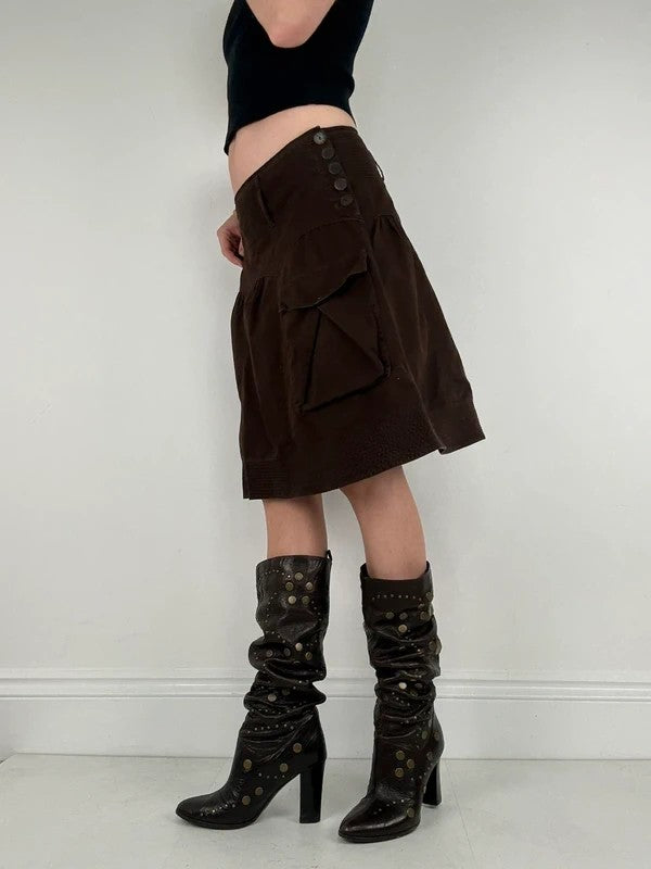 pleated brown cotton thick waistband drop waist puff midi skirt