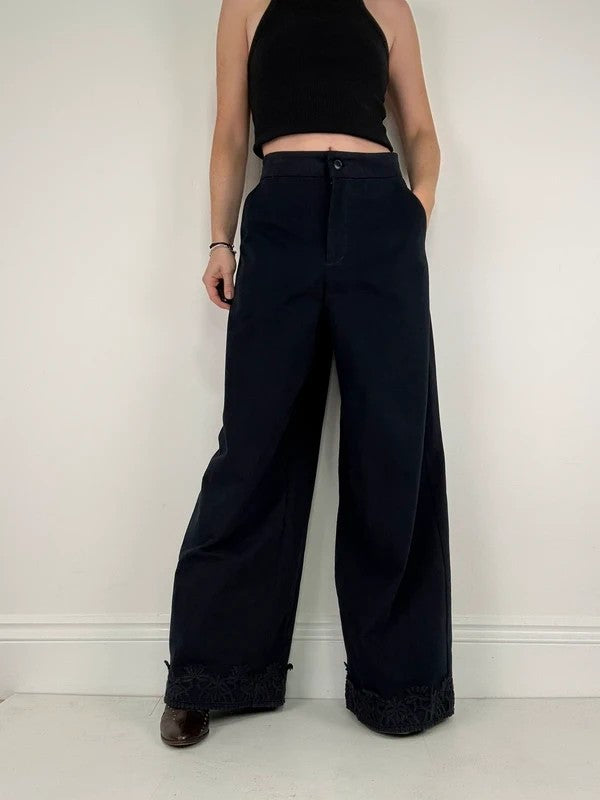 navy ultra wide leg lace hem trousers