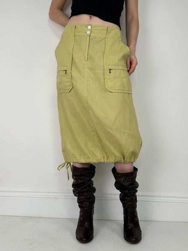 green Chartreuse 100% linen cargo grunge midi skirt