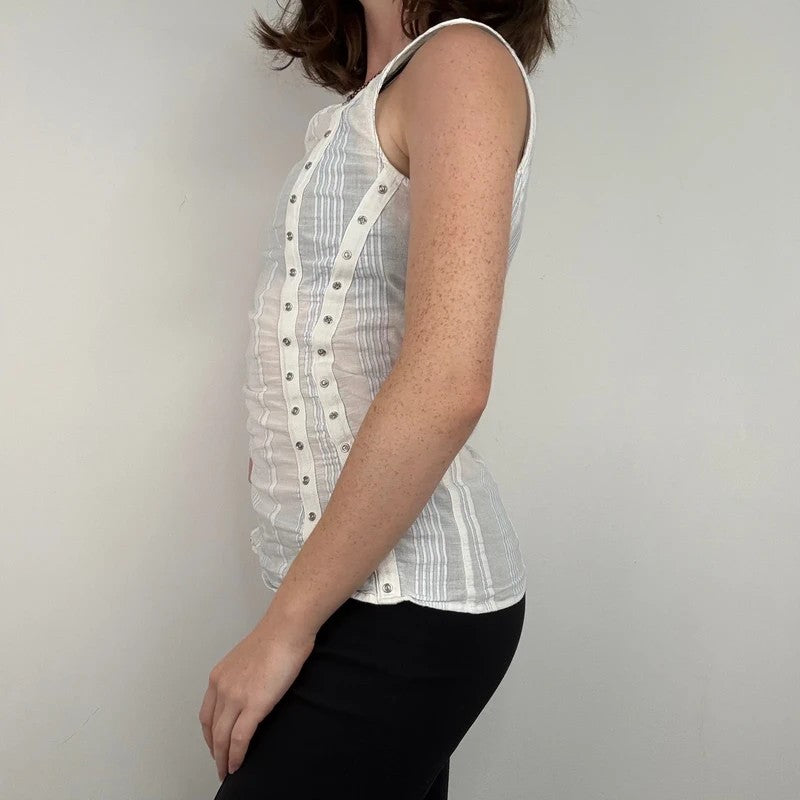white cotton textured pinstripe popper vest top
