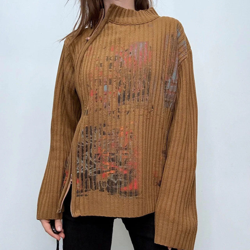 tan ribbed flared asymmetric-zip jumper