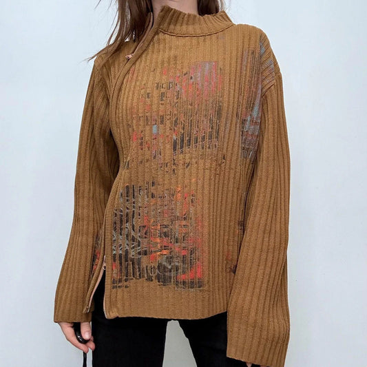 tan ribbed flared asymmetric-zip jumper