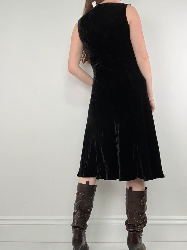 black velvet fitted flared midi dress