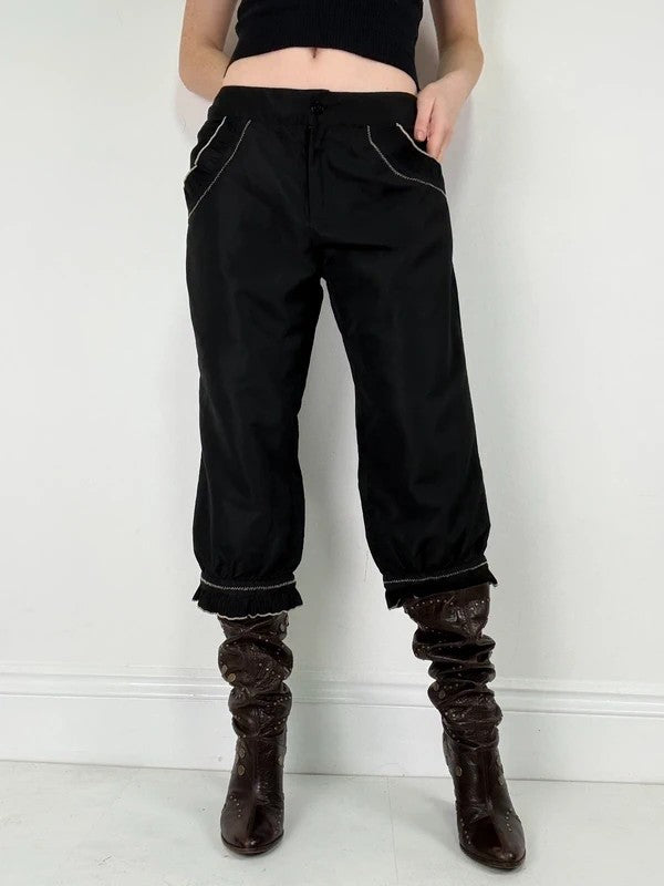 black capri pants pleated ruffle hem trousers