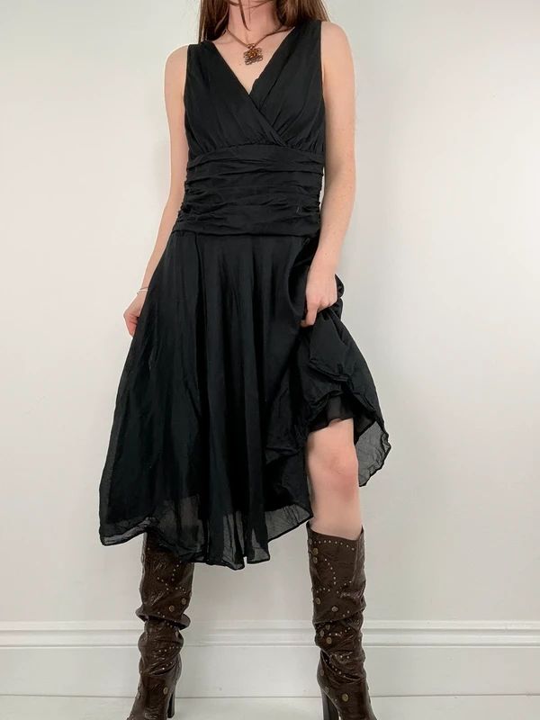 Black pleated cotton flared monsoon dress