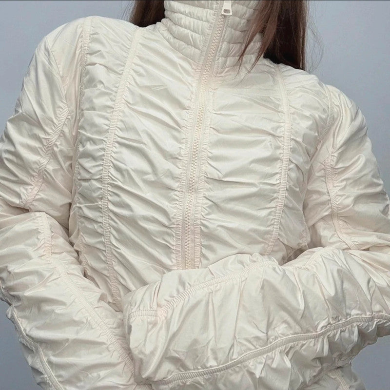 Pleated gathered cinched cream puffer jacket