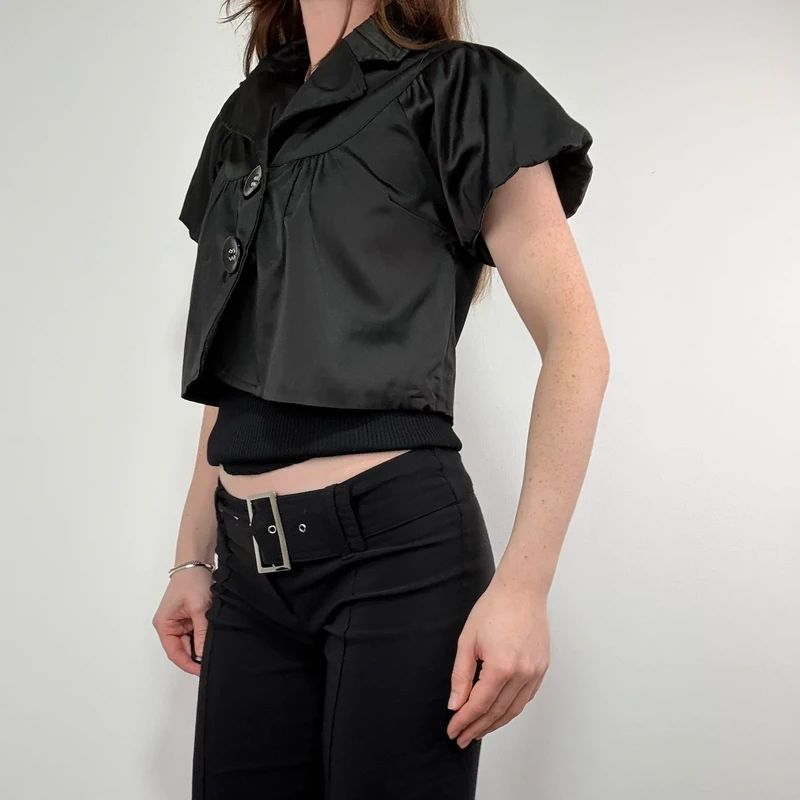 black satin cropped capped sleeve mini jacket