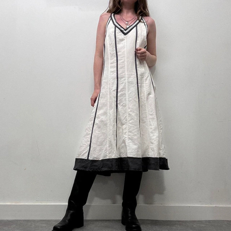 white linen flared ribbon dress