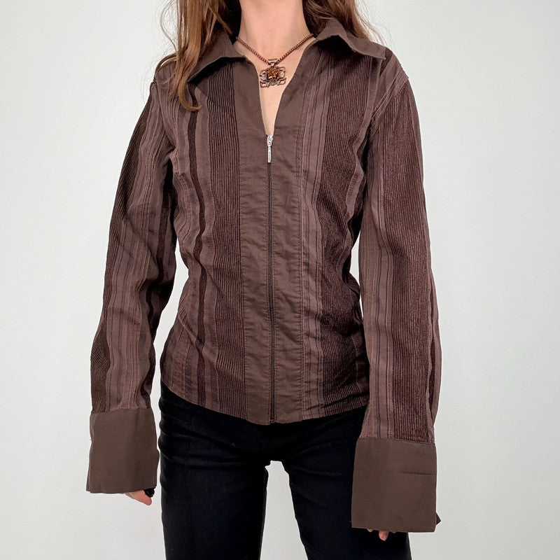 brown pinstripe zip shirt