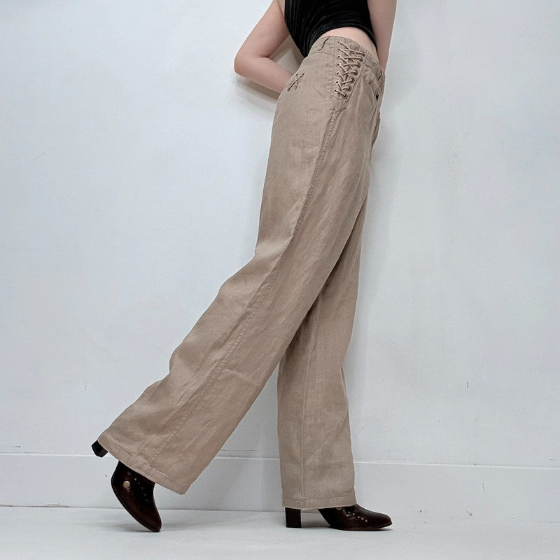 tan linen corset side lace up trousers