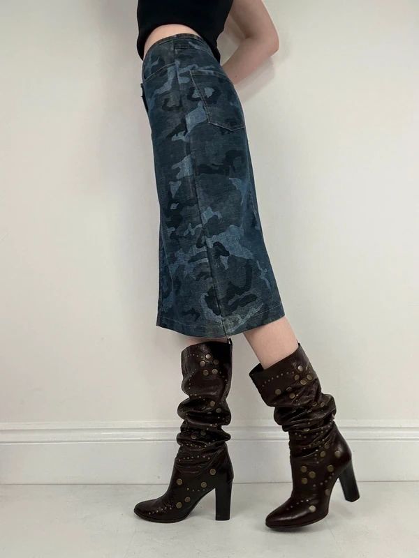 dark denim camo printed midi skirt
