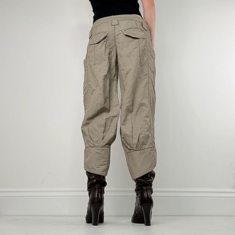 khaki low rise puff pleated trousers