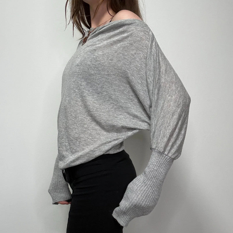 grey slouchy off the shoulder