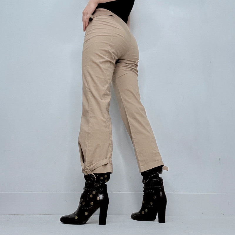 tan flared buckle utility pants