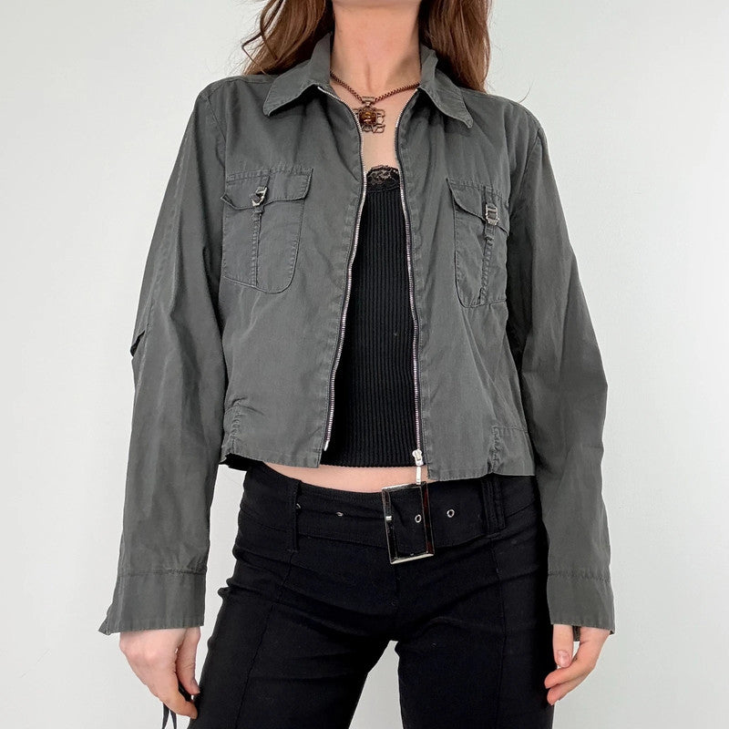 khaki zip through cropped utility jacket