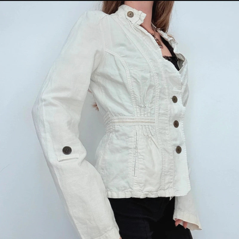 white linen fitted flared regency napoleonic jacket
