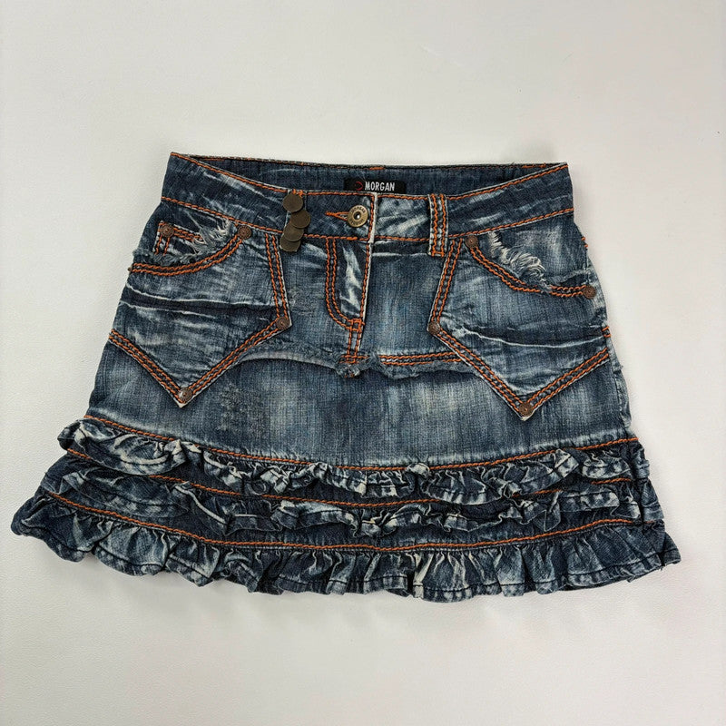 distressed ruffle denim y2k mini skirt