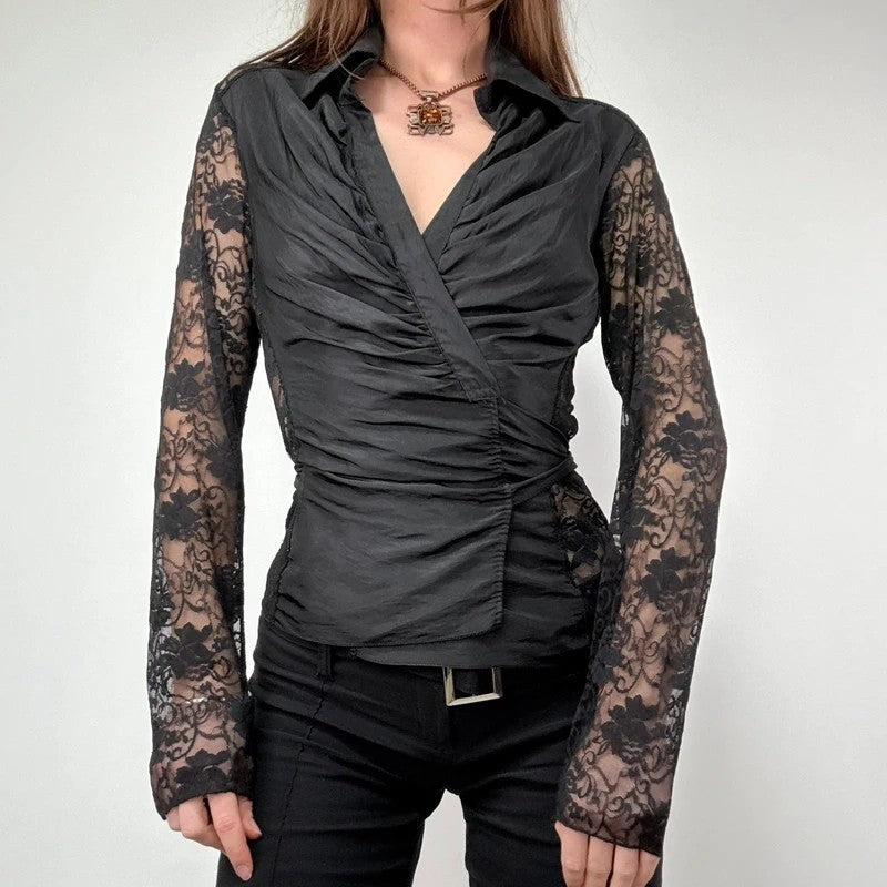 gathered lace wrap around shirt