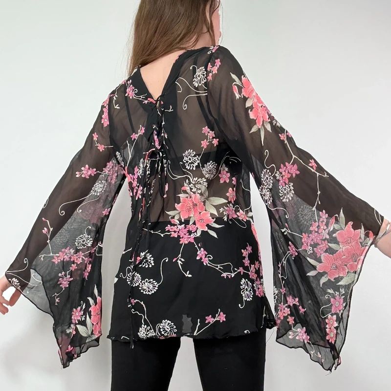 Sheer Black Asymmetric Flutter Blouse