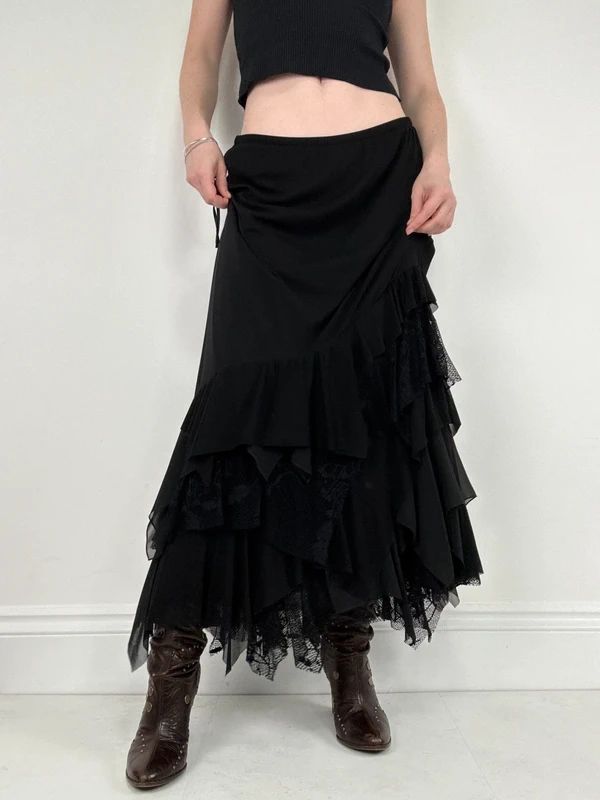 black ruffle grunge layered whimsygoth maxi skirt