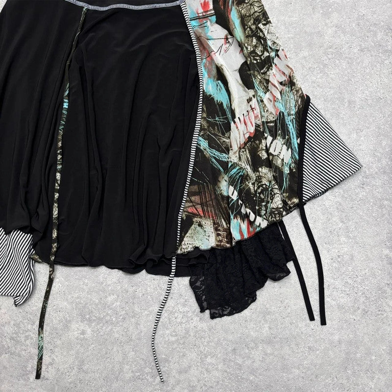 black pinstripe grunge asymmetric midi skirt