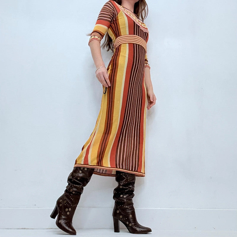 brown striped knitted crochet dress