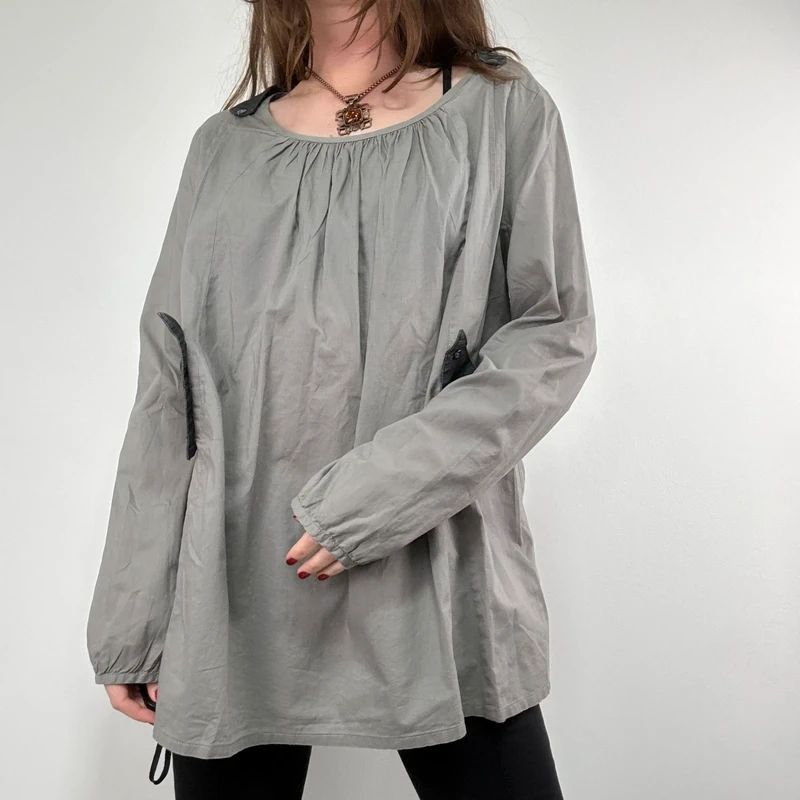 utility khaki pleated blouse with harness braces