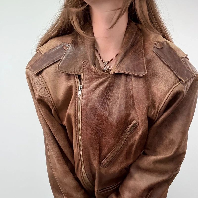 Oversized Brown leather Slouchy Biker Jacket