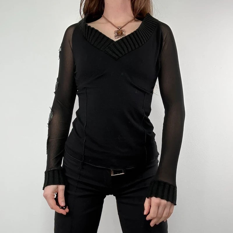 black layered mesh long sleeve slouchy rib top 2026