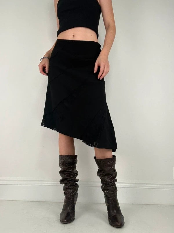 black asymmetric lace panelled midi skirt