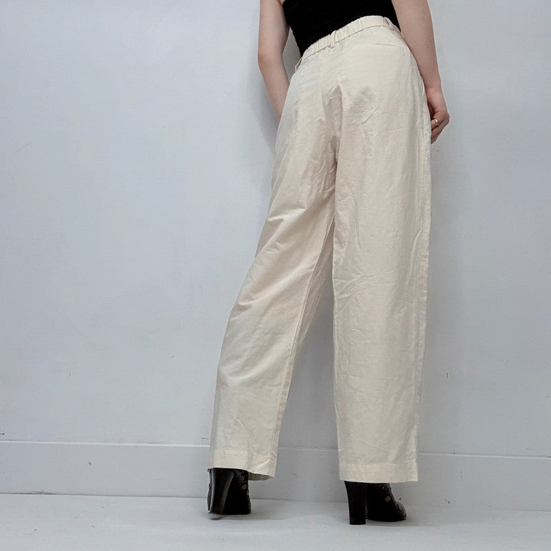 cream linen uniqlo wide leg pleated front trousers