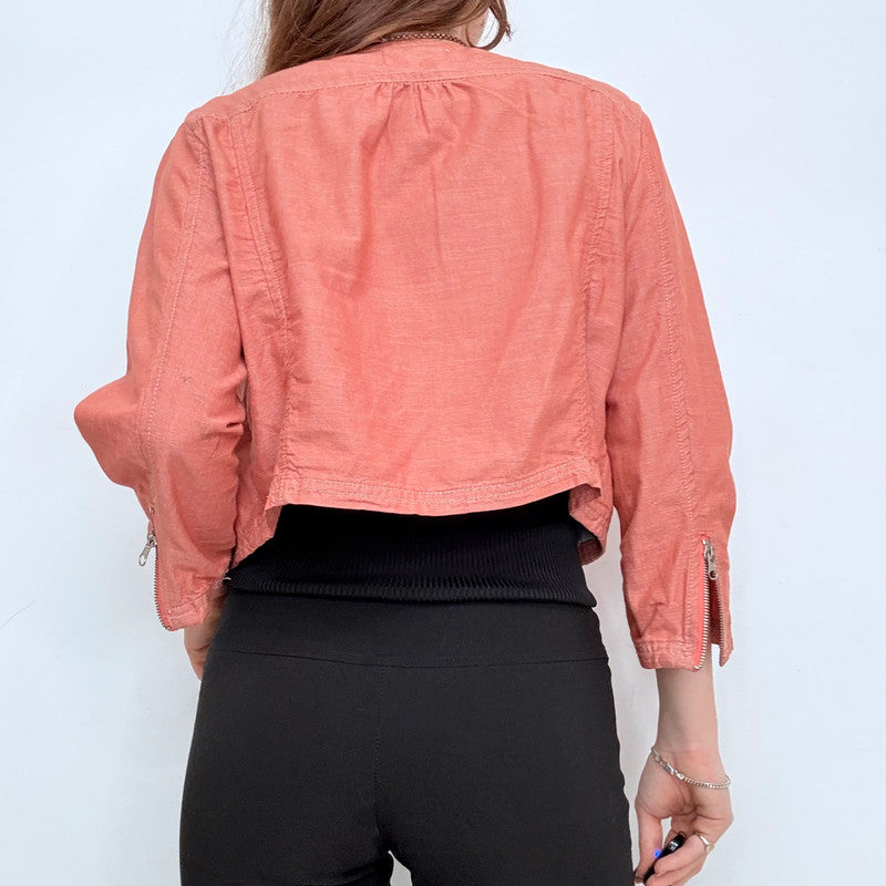 red linen cropped asymmetric jacket