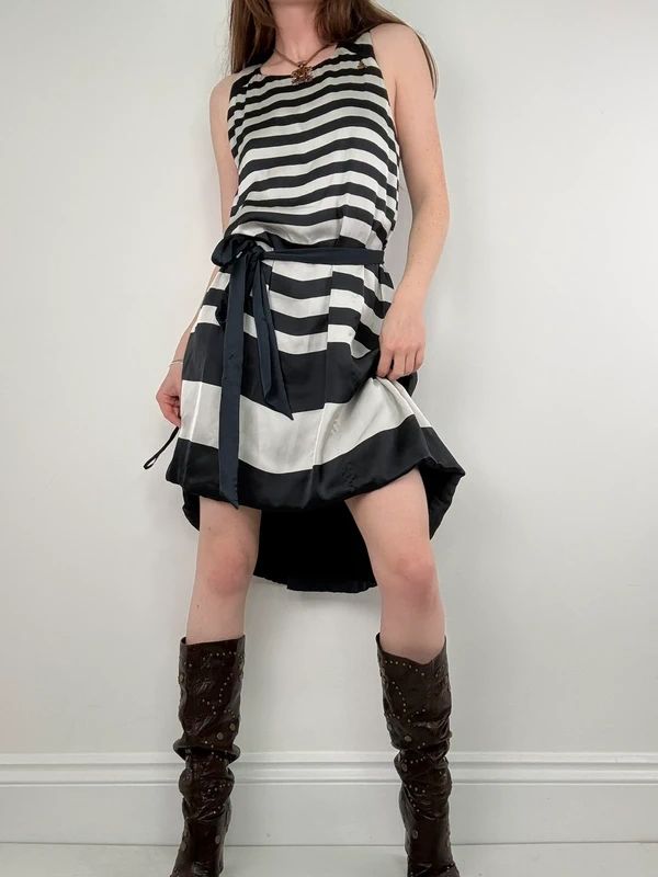 Navy and white striped asymmetric midi dress