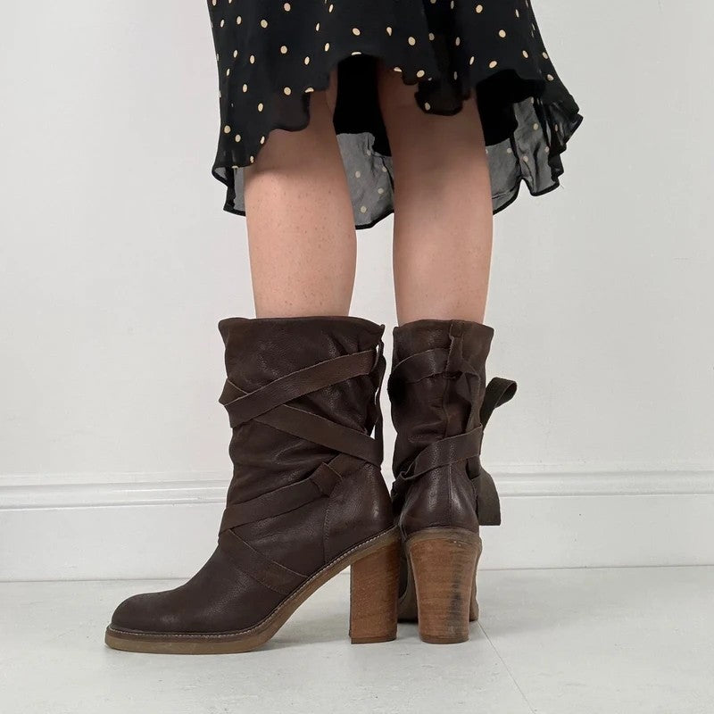 Chunky brown leather wrap around boots