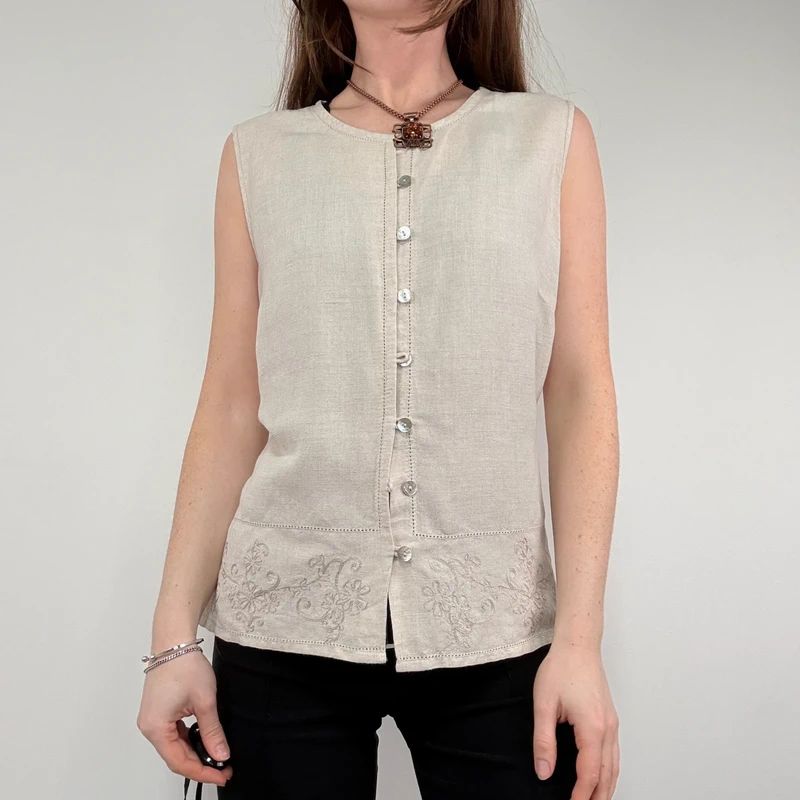 tan linen button vest