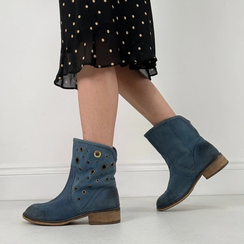 Blue suede studded eyelet ankle boots