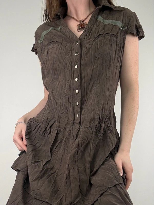 brown crinkle layered shirt dress