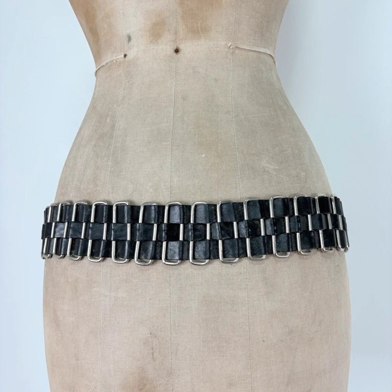 Black leather chunky metal belt