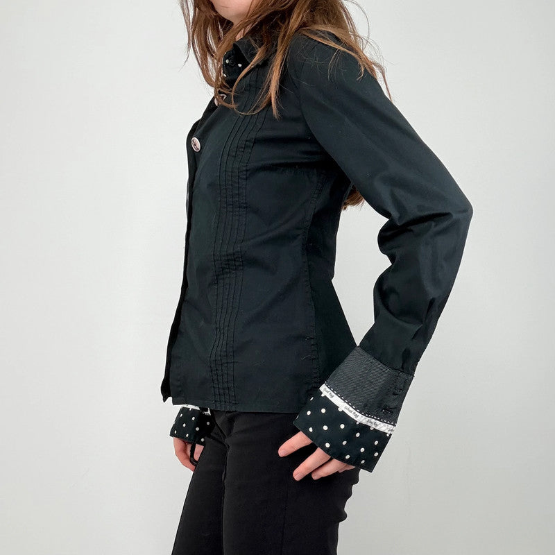 black polkadot flared shirt