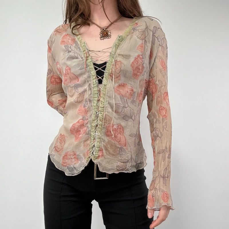 Sheer Crinkle Floral Lace-Up Fairy Shirt