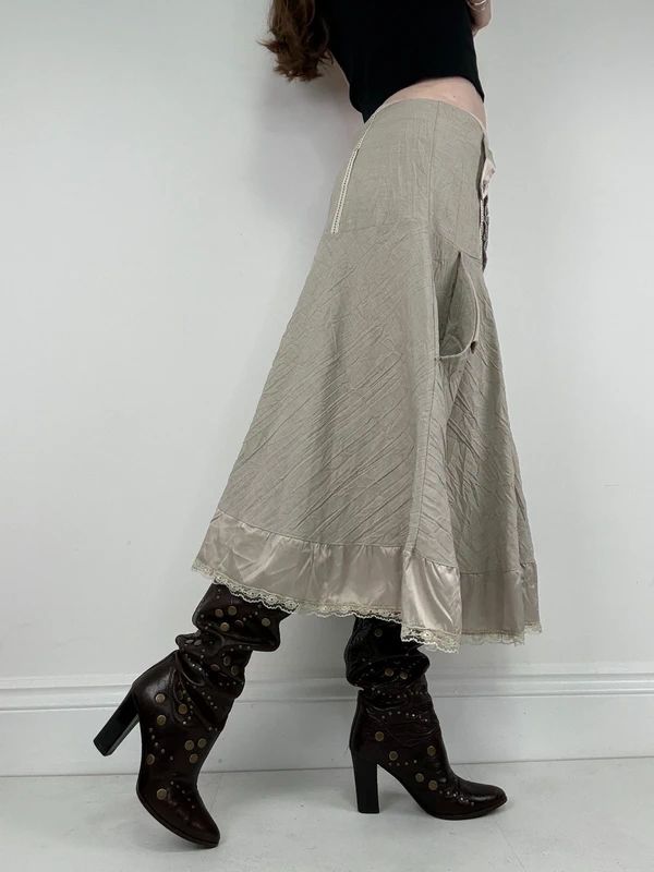 Khaki flared ruffle drop waist midi skirt